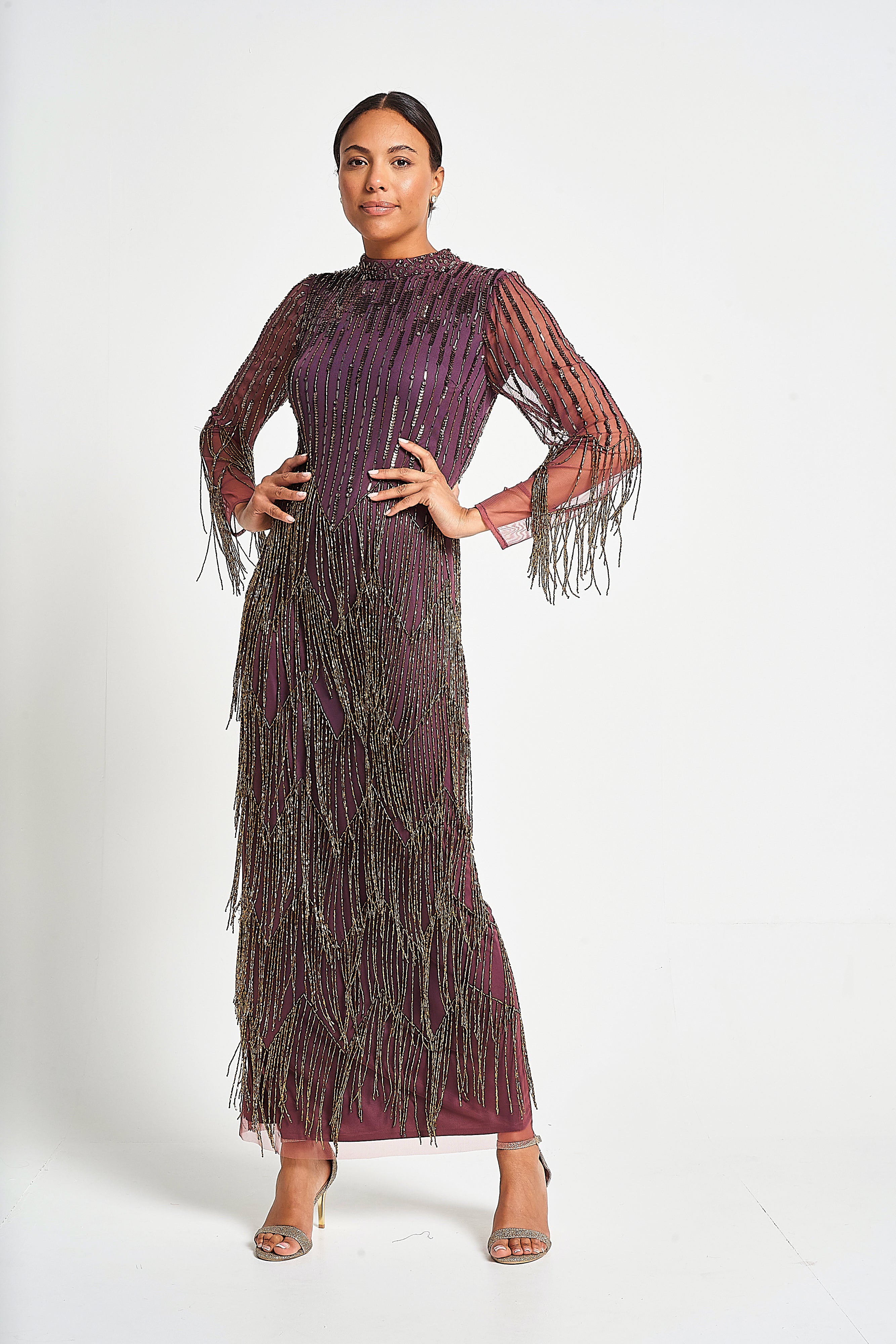 Rhoda Purple Maxi Dress With Beaded Fringing Frock and Frill Rhoda Purple Maxi Dress With Beaded Fringing Frock and Frill