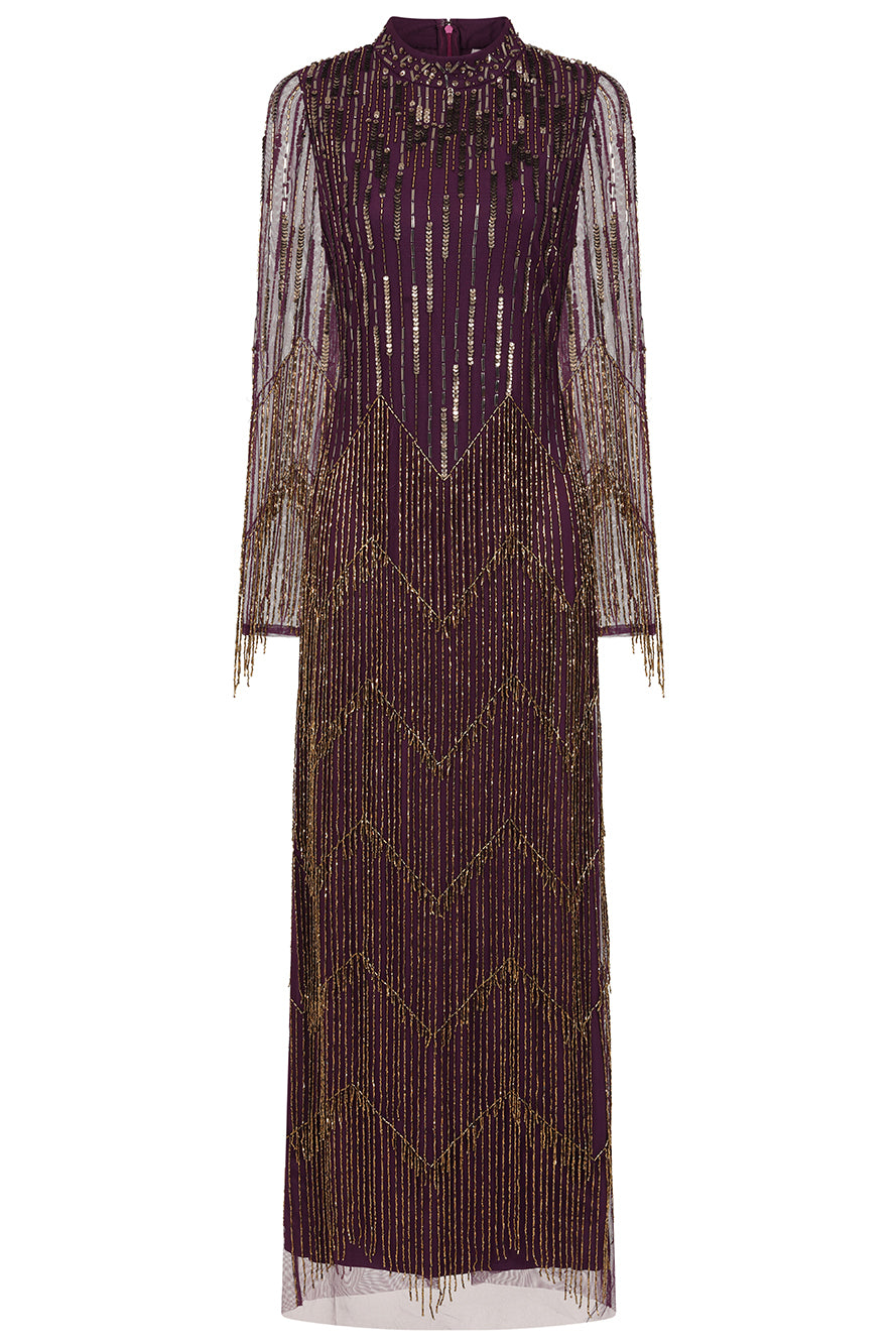 Rhoda Purple Maxi Dress With Beaded Fringing Frock and Frill Rhoda Purple Maxi Dress With Beaded Fringing Frock and Frill