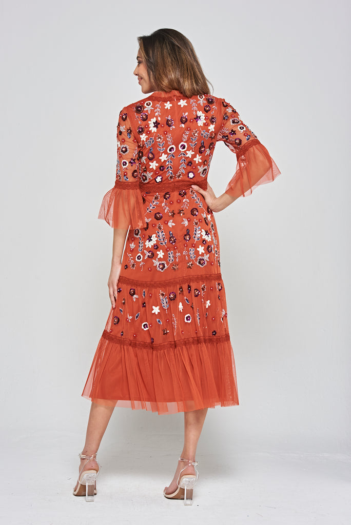 Ria Floral Sequin Midi Dress - Copper