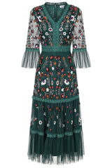 Ria Floral Sequin Midi Dress - Alpine Green