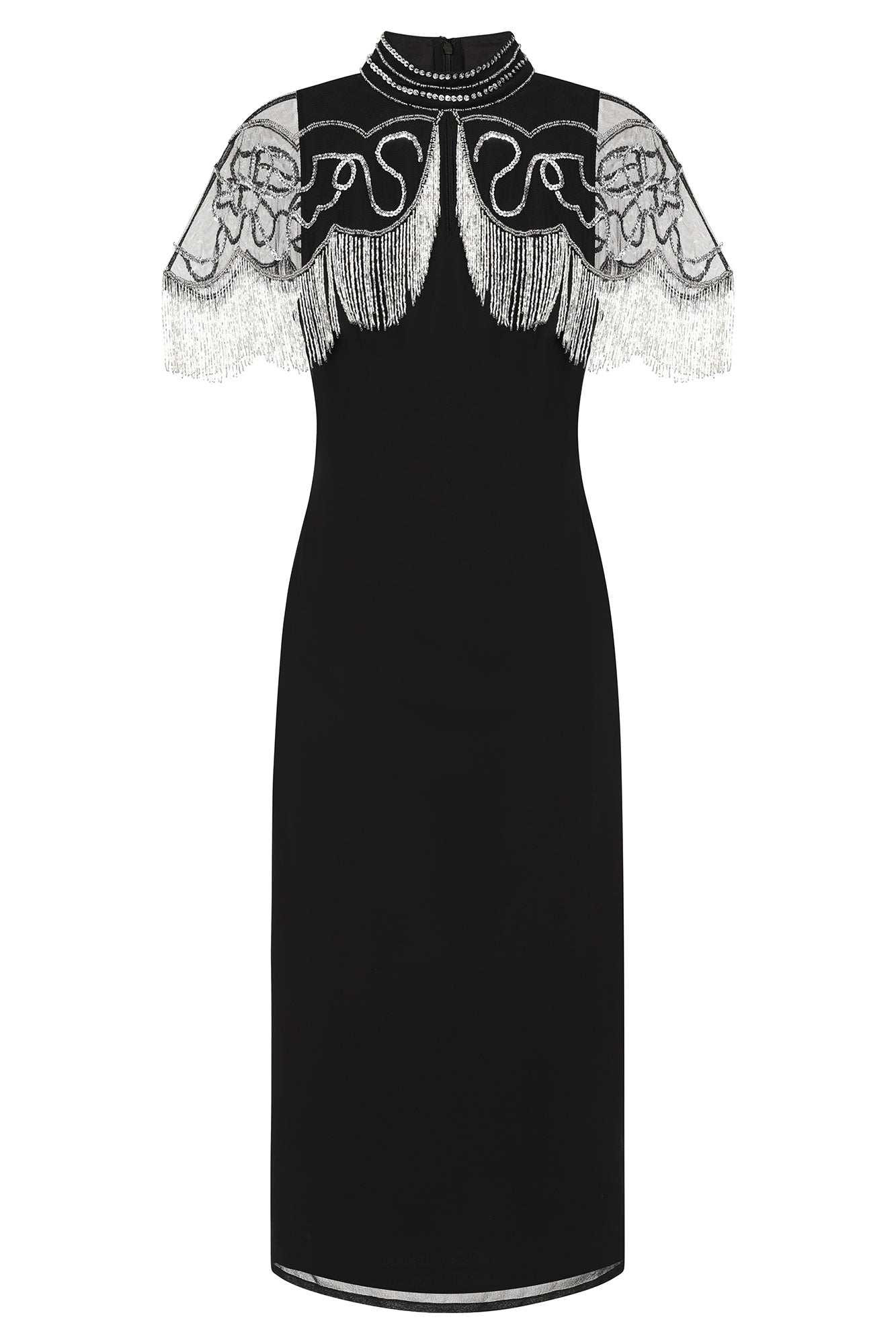 Ridley Black Beaded Fringe Cape Sleeve Midi Dress