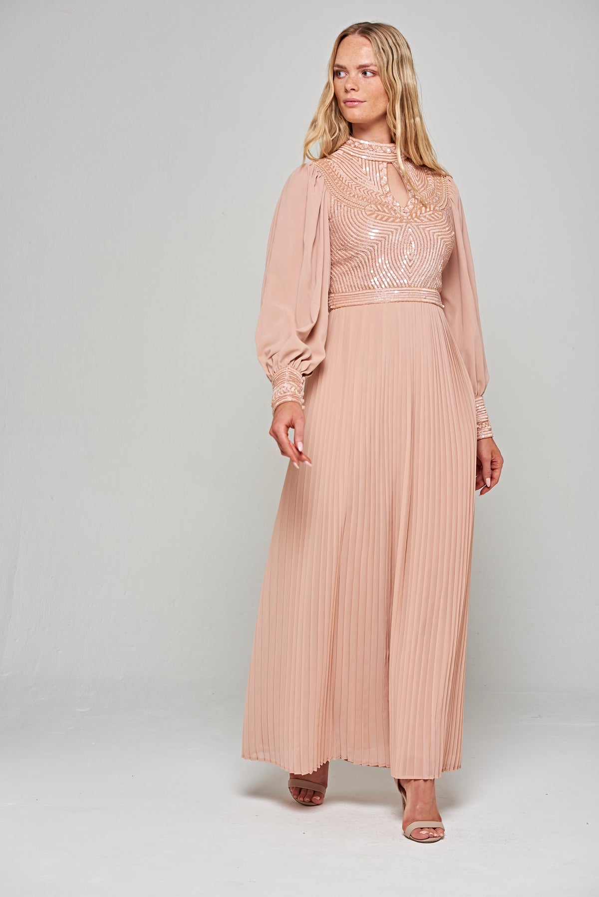 Rosa Sequin Maxi Dress with Pleated Skirt - Blush 