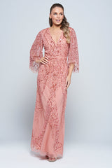 Rosalina pink embellished maxi dress with flowing silhouette and shimmering sequin detail, perfect for weddings, parties and special occasions.