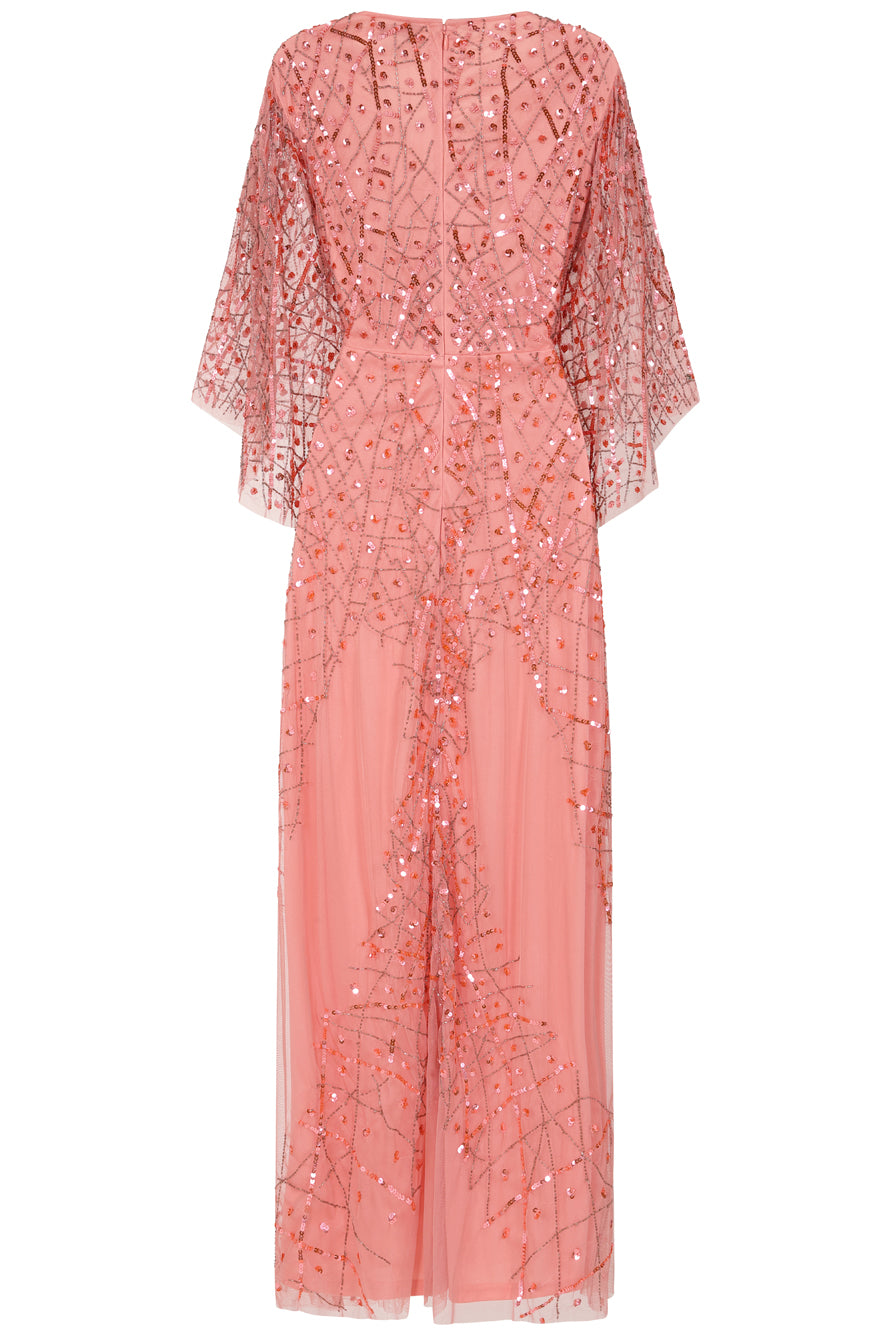 Rosalina pink embellished maxi dress with flowing silhouette and shimmering sequin detail, perfect for weddings, parties and special occasions.