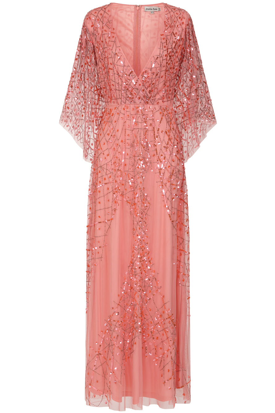Rosalina pink embellished maxi dress with flowing silhouette and shimmering sequin detail, perfect for weddings, parties and special occasions.