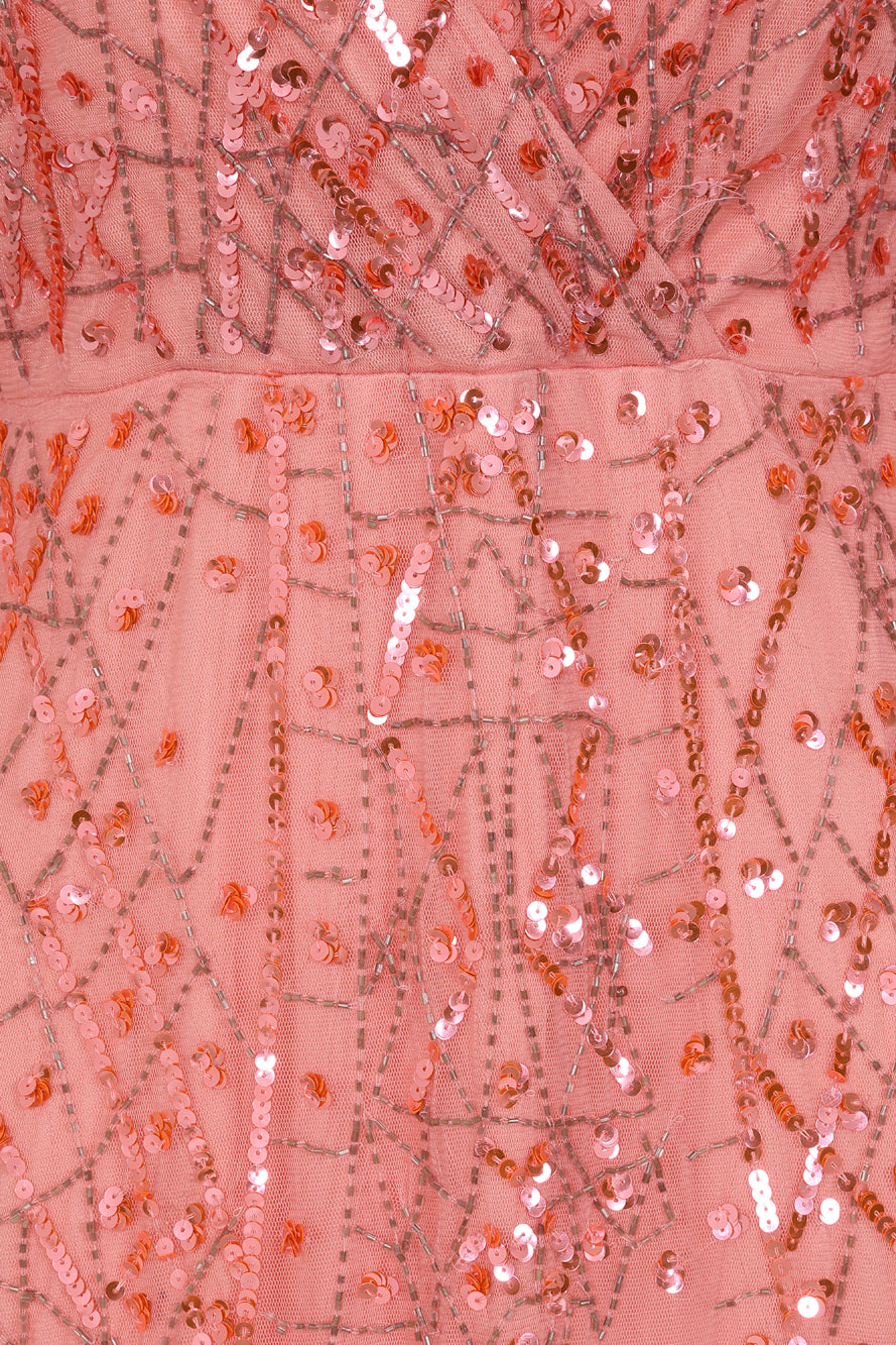 Rosalina pink embellished maxi dress with flowing silhouette and shimmering sequin detail, perfect for weddings, parties and special occasions.