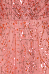 Rosalina pink embellished maxi dress with flowing silhouette and shimmering sequin detail, perfect for weddings, parties and special occasions.