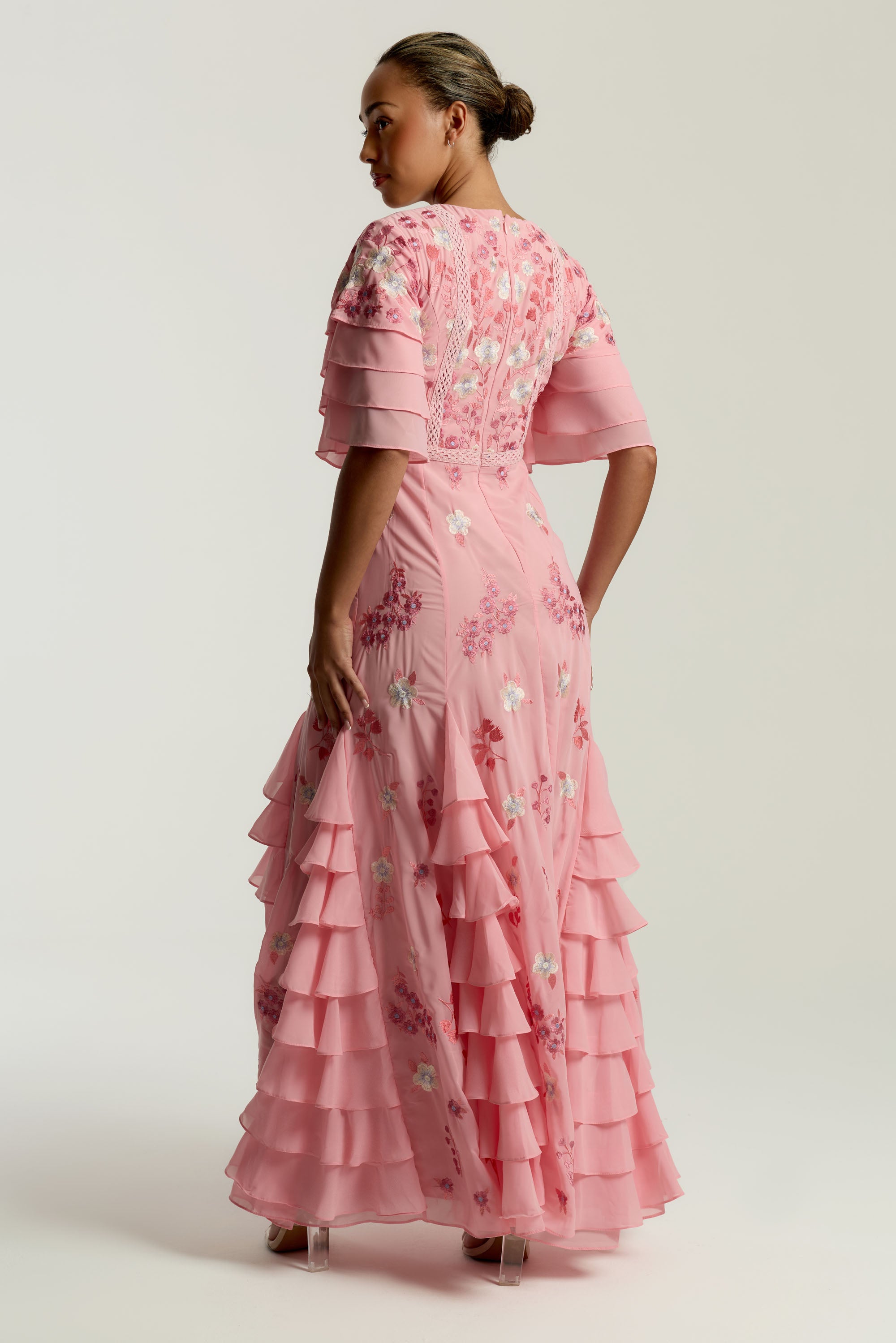 Rosanna Pink Floral Embroidered Maxi Dress by Frock and Frill, floor-length pink maxi with floral embroidery and soft ruffles, perfect for weddings and parties