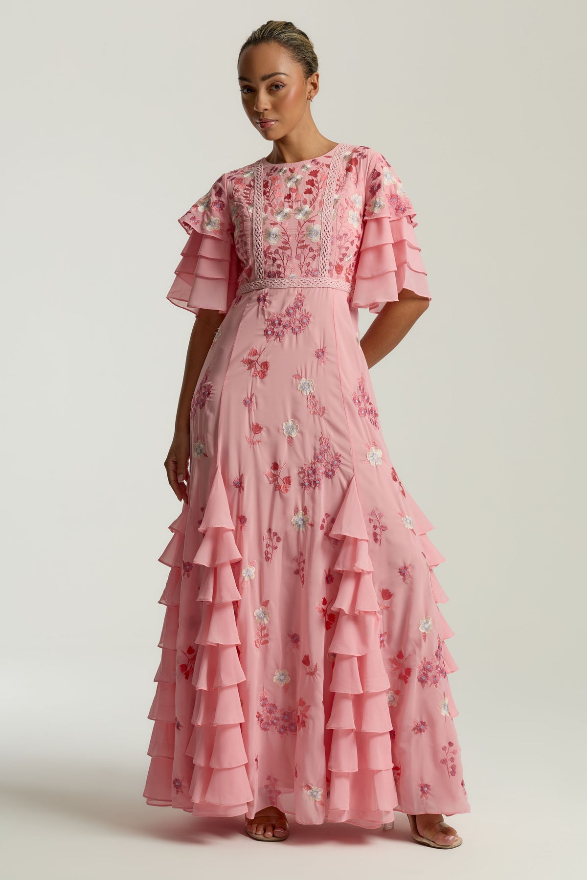 Rosanna Pink Floral Embroidered Maxi Dress by Frock and Frill, floor-length pink maxi with floral embroidery and soft ruffles, perfect for weddings and parties