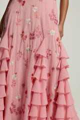 Rosanna Pink Floral Embroidered Maxi Dress by Frock and Frill, floor-length pink maxi with floral embroidery and soft ruffles, perfect for weddings and parties