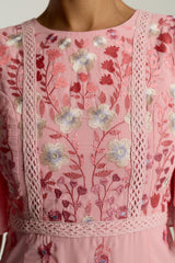 Rosanna Pink Floral Embroidered Maxi Dress by Frock and Frill, floor-length pink maxi with floral embroidery and soft ruffles, perfect for weddings and parties