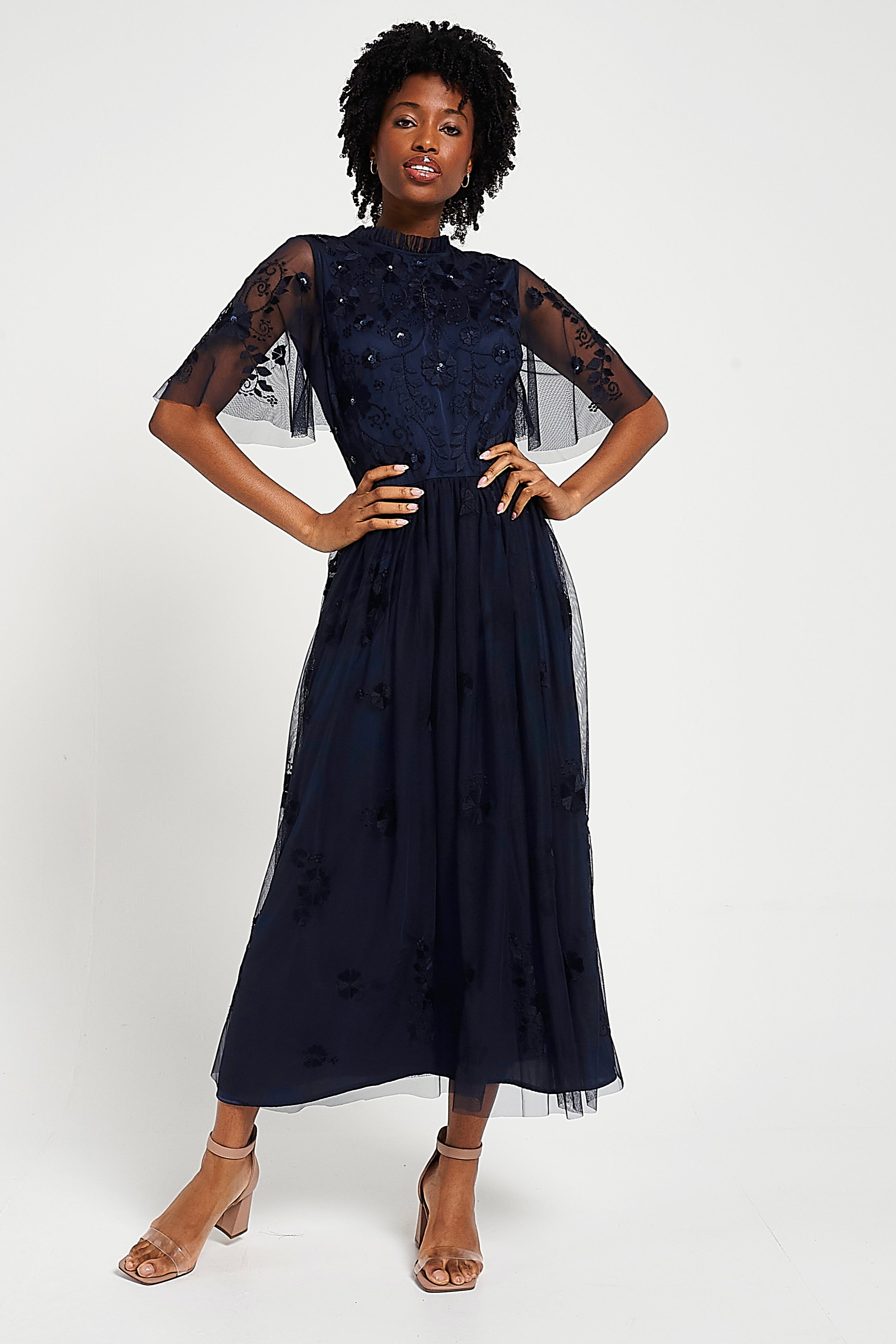 Rowen Navy Embroidered Midaxi Dress