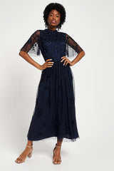 Rowen Navy Embroidered Midaxi Dress