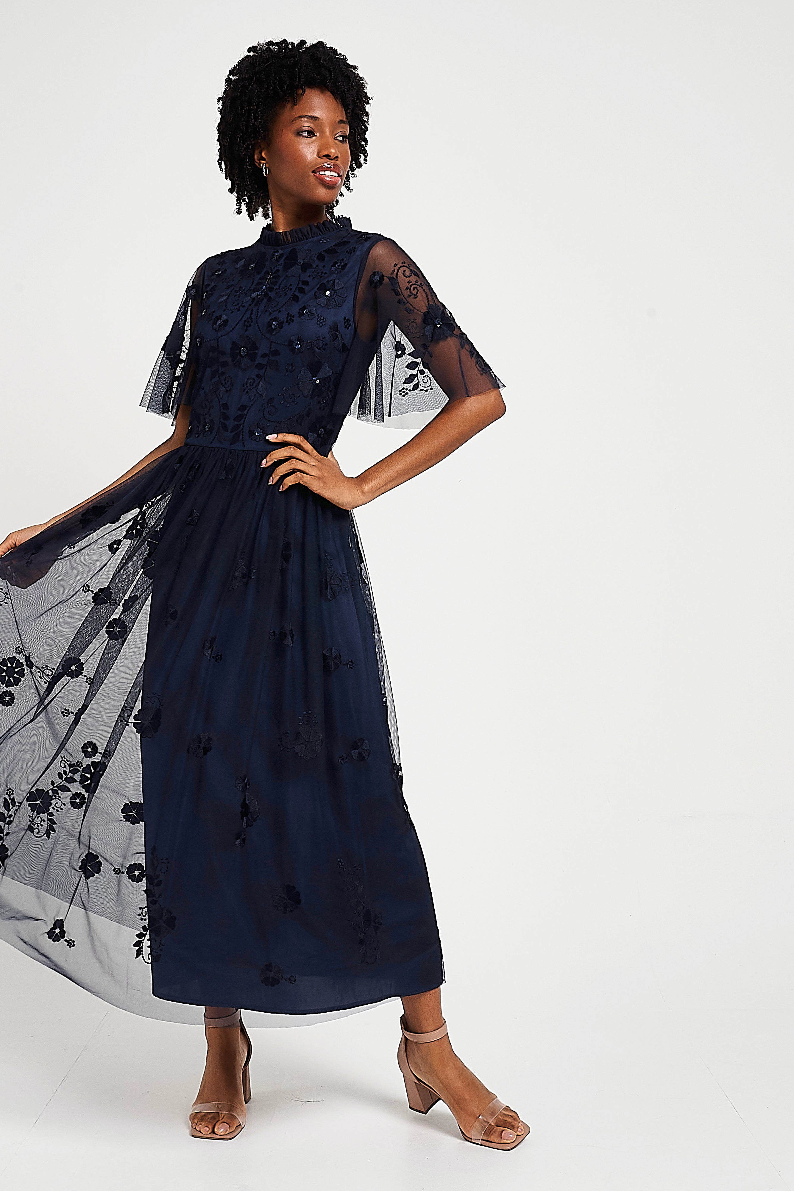 Rowen Navy Embroidered Midaxi Dress