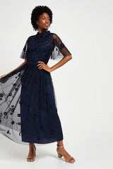 Rowen Navy Embroidered Midaxi Dress