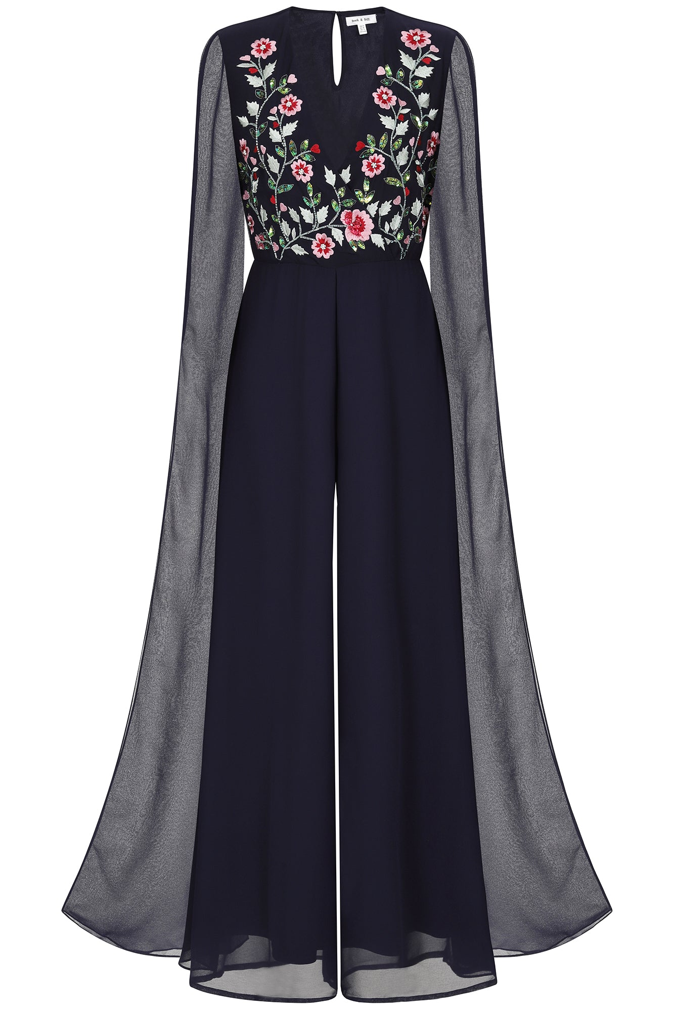 Rue Navy Floral Embroidered Cape Sleeve Jumpsuit Rue Navy Floral Embroidered Cape Sleeve Jumpsuit