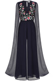 Rue Navy Floral Embroidered Cape Sleeve Jumpsuit