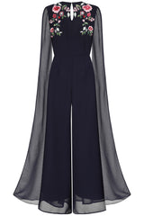 Rue Navy Floral Embroidered Cape Sleeve Jumpsuit 