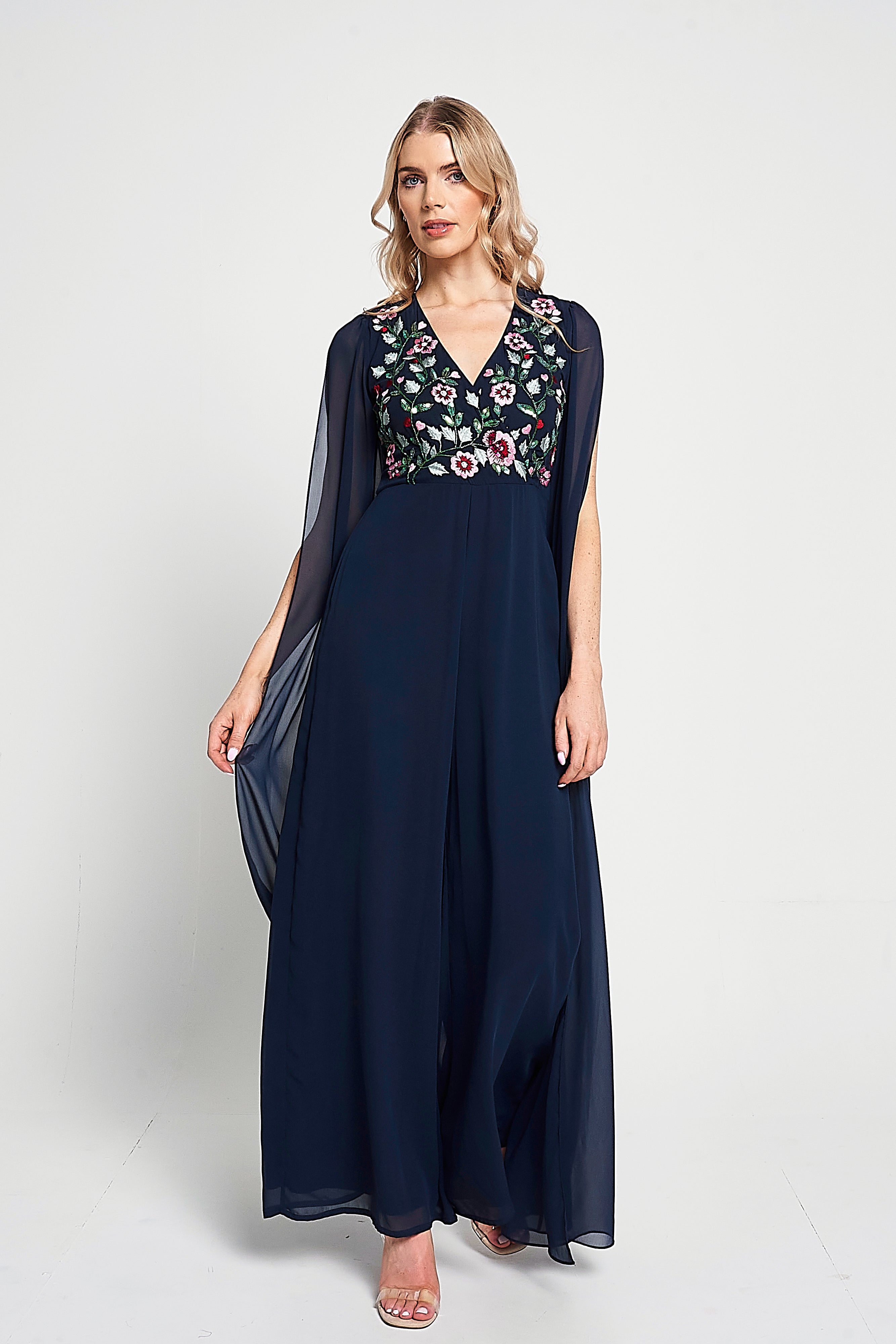 Rue Navy Floral Embroidered Cape Sleeve Jumpsuit Frock and Frill Rue Navy Floral Embroidered Cape Sleeve Jumpsuit Frock and Frill