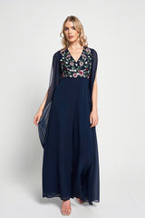 Rue Navy Floral Embroidered Cape Sleeve Jumpsuit 