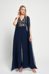 Rue Navy Floral Embroidered Cape Sleeve Jumpsuit 