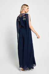 Rue Navy Floral Embroidered Cape Sleeve Jumpsuit 