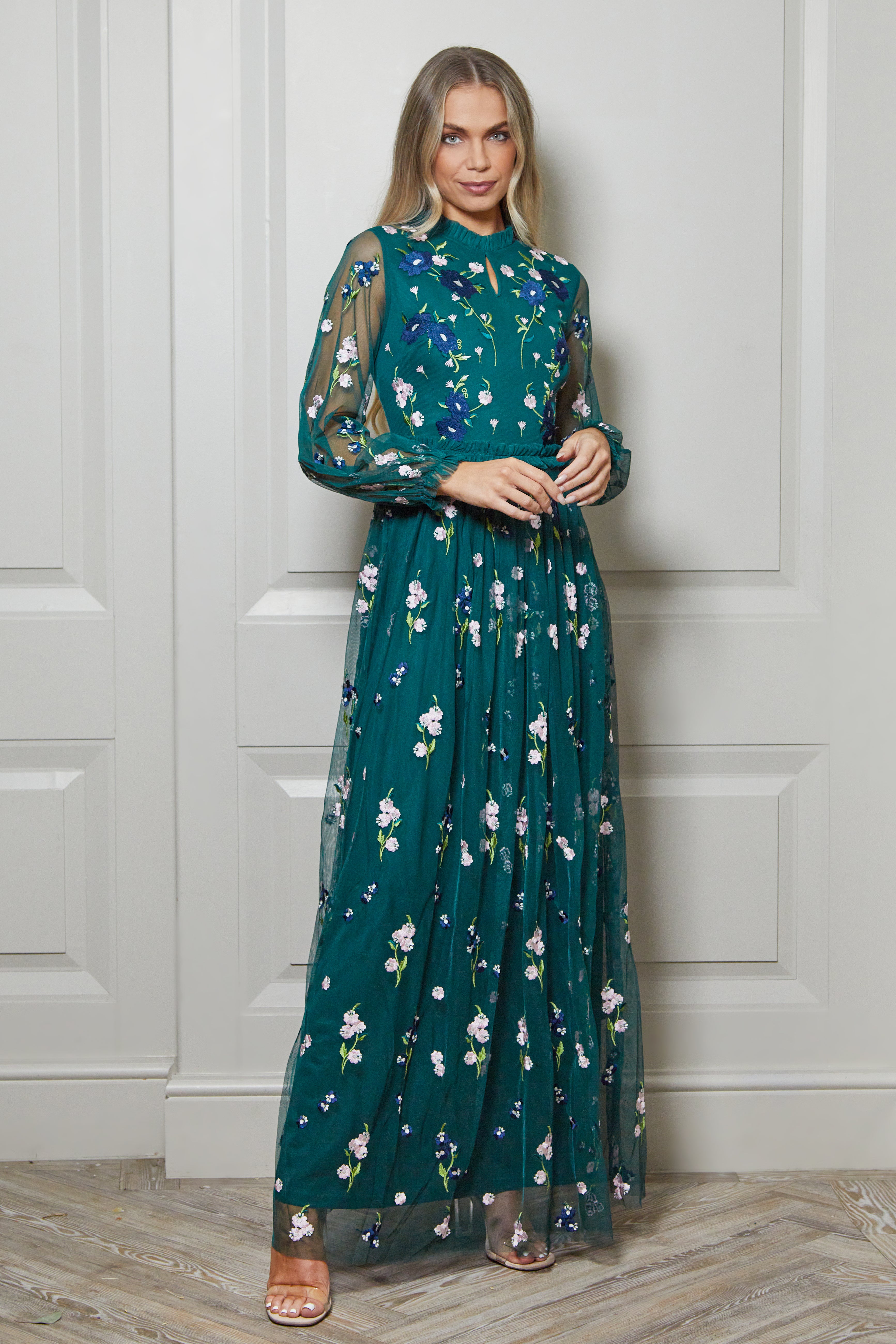 Rydia Floral Embroidered Maxi Dress - Alpine Green