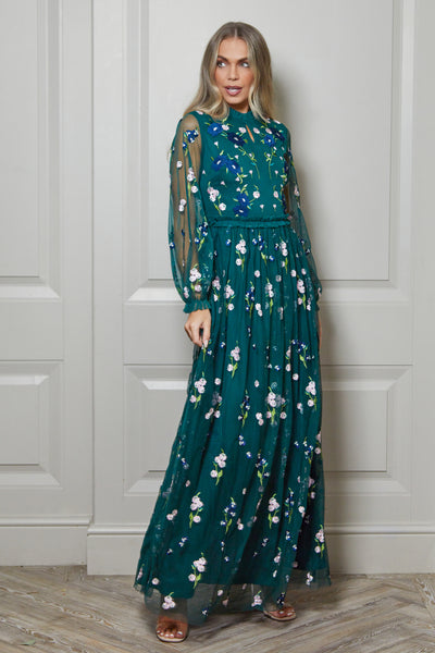 【海外限定】AdriannaPapell ドレス☆Green Embroidered Maxi Dr Rydia-Green-Floral-Embroidered