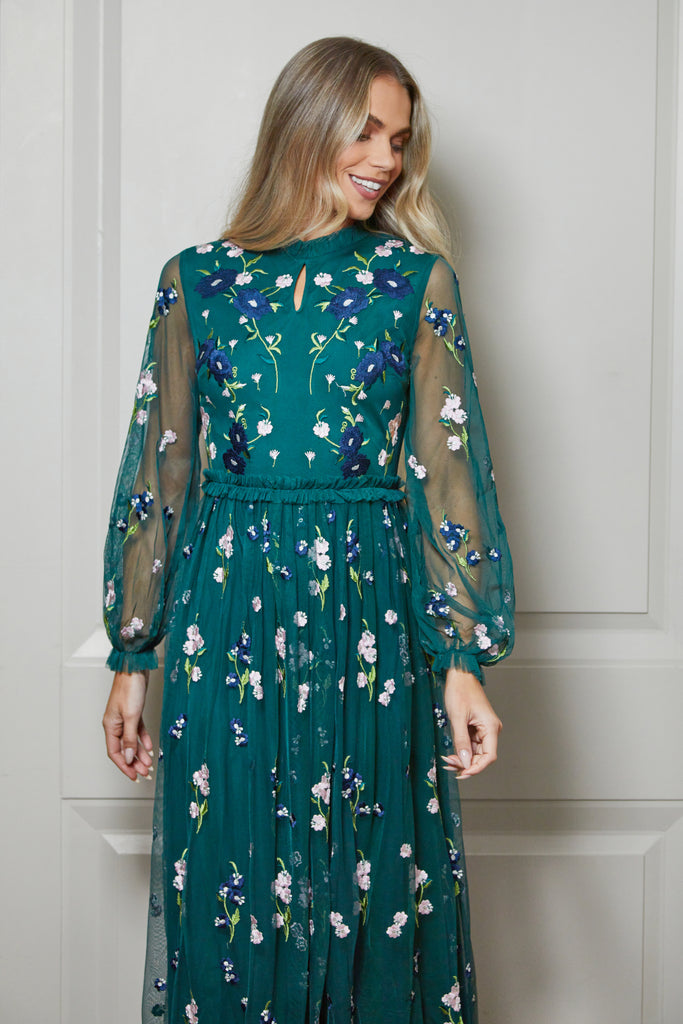 Rydia Floral Embroidered Maxi Dress - Alpine Green