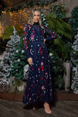 Avery Navy Christmas Embroidered Maxi Dress with Lace Panels