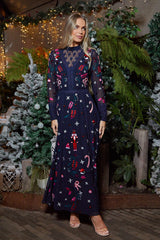 Avery Navy Christmas Embroidered Maxi Dress with Lace Panels