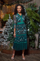 Ria Alpine Green Floral Sequin Midi Dress