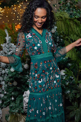 Ria Alpine Green Floral Sequin Midi Dress