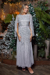 Adeline Grey Cape Sleeve Sequin Maxi Dress