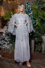 Adeline Grey Cape Sleeve Sequin Maxi Dress