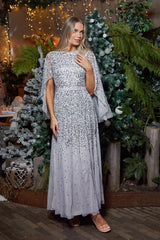 Adeline Grey Cape Sleeve Sequin Maxi Dress