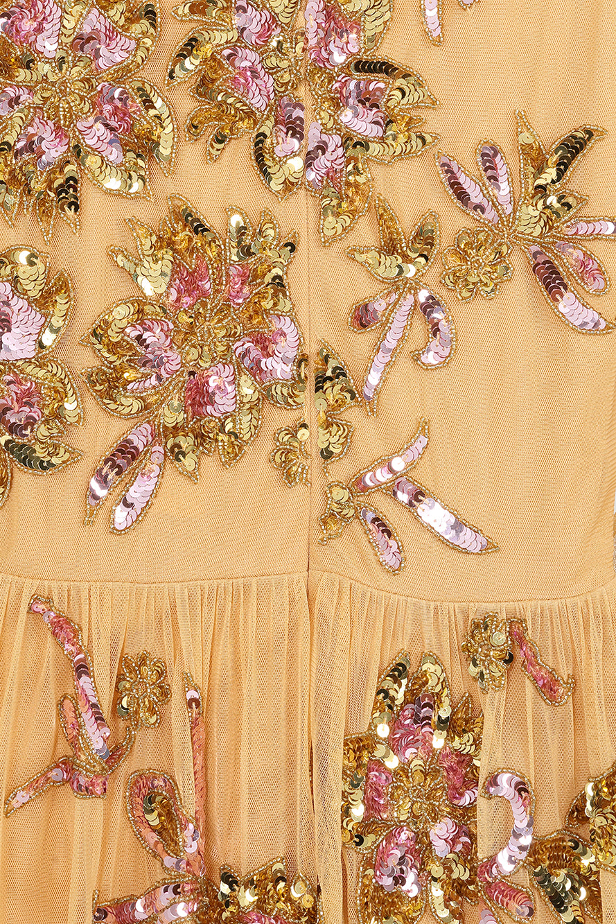 Saffron yellow gold embellished maxi dress with floral beading, sheer three-quarter sleeves and flowing skirt by Frock and Frill.