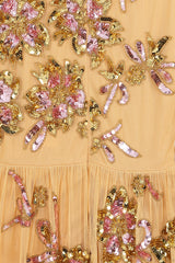 Saffron yellow gold embellished maxi dress with floral beading, sheer three-quarter sleeves and flowing skirt by Frock and Frill.