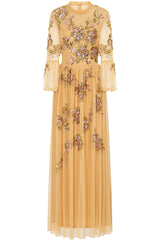 Saffron yellow gold embellished maxi dress with floral beading, sheer three-quarter sleeves and flowing skirt by Frock and Frill.