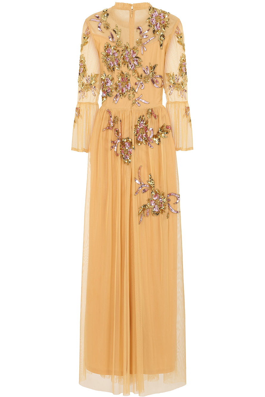 Saffron yellow gold embellished maxi dress with floral beading, sheer three-quarter sleeves and flowing skirt by Frock and Frill.