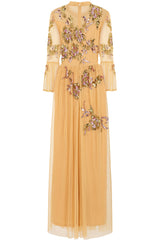 Saffron yellow gold embellished maxi dress with floral beading, sheer three-quarter sleeves and flowing skirt by Frock and Frill.