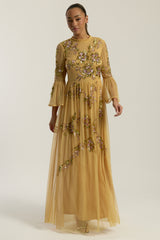Saffron yellow gold embellished maxi dress with floral beading, sheer three-quarter sleeves and flowing skirt by Frock and Frill.