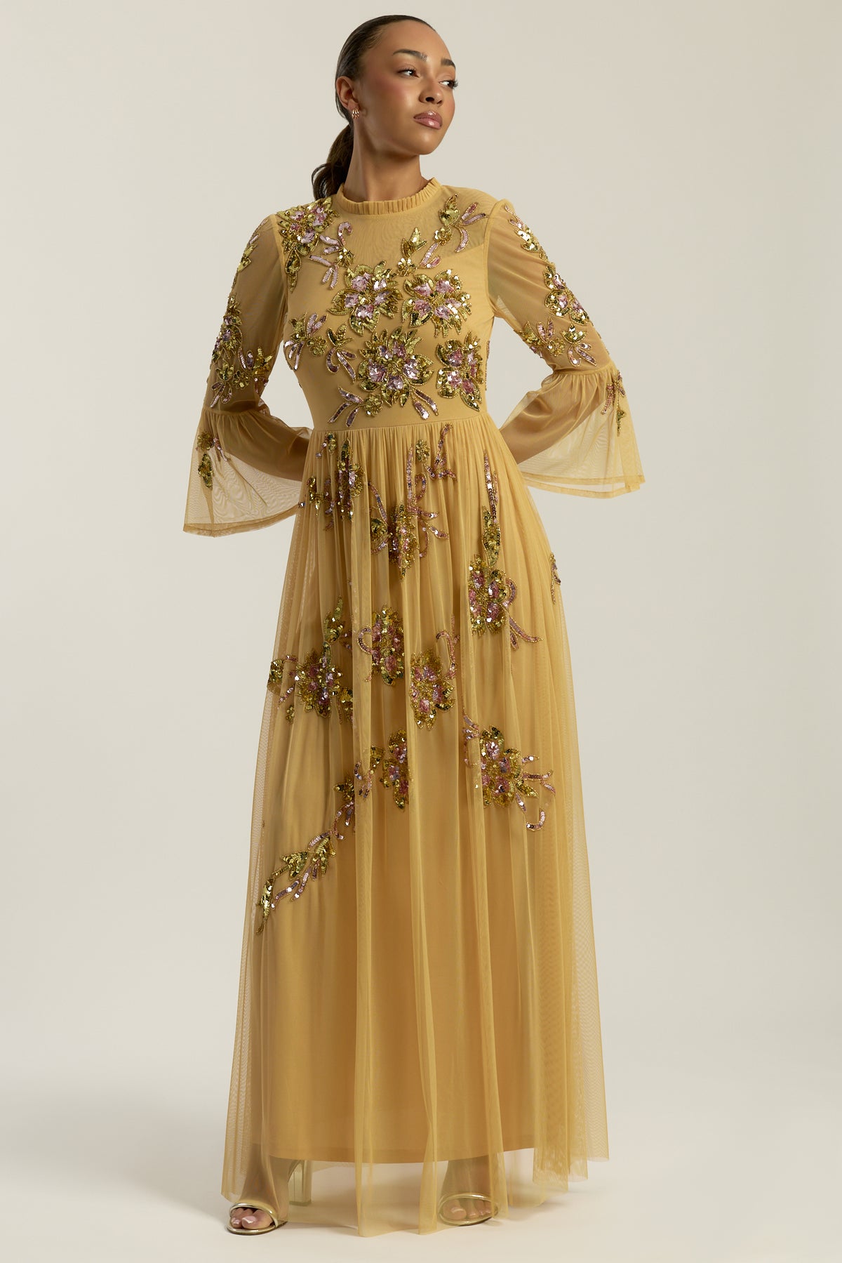 Saffron Gold Floral Embellished Maxi Dress Frock and Frill Saffron Gold Floral Embellished Maxi Dress Frock and Frill