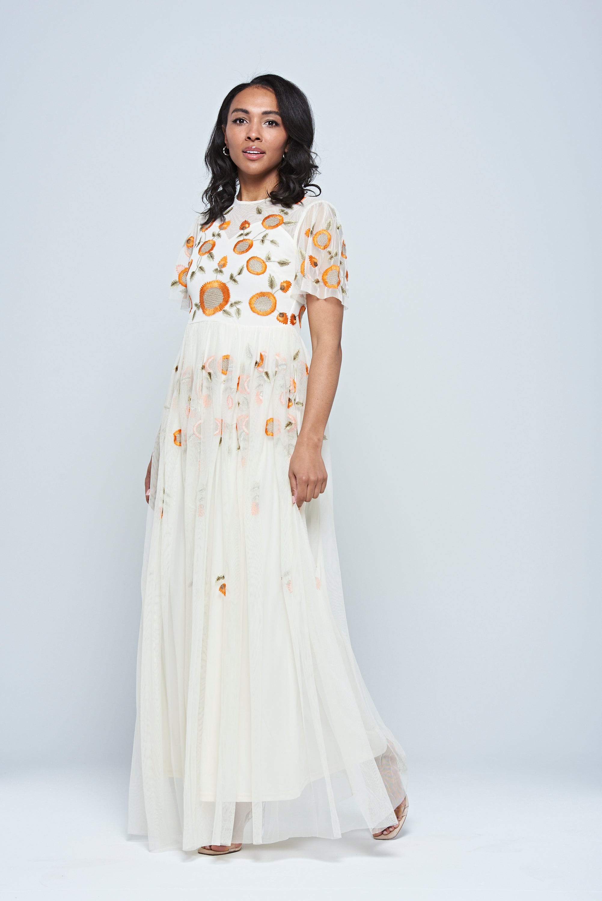Saffron Cream Floral Embroidered Maxi Dress