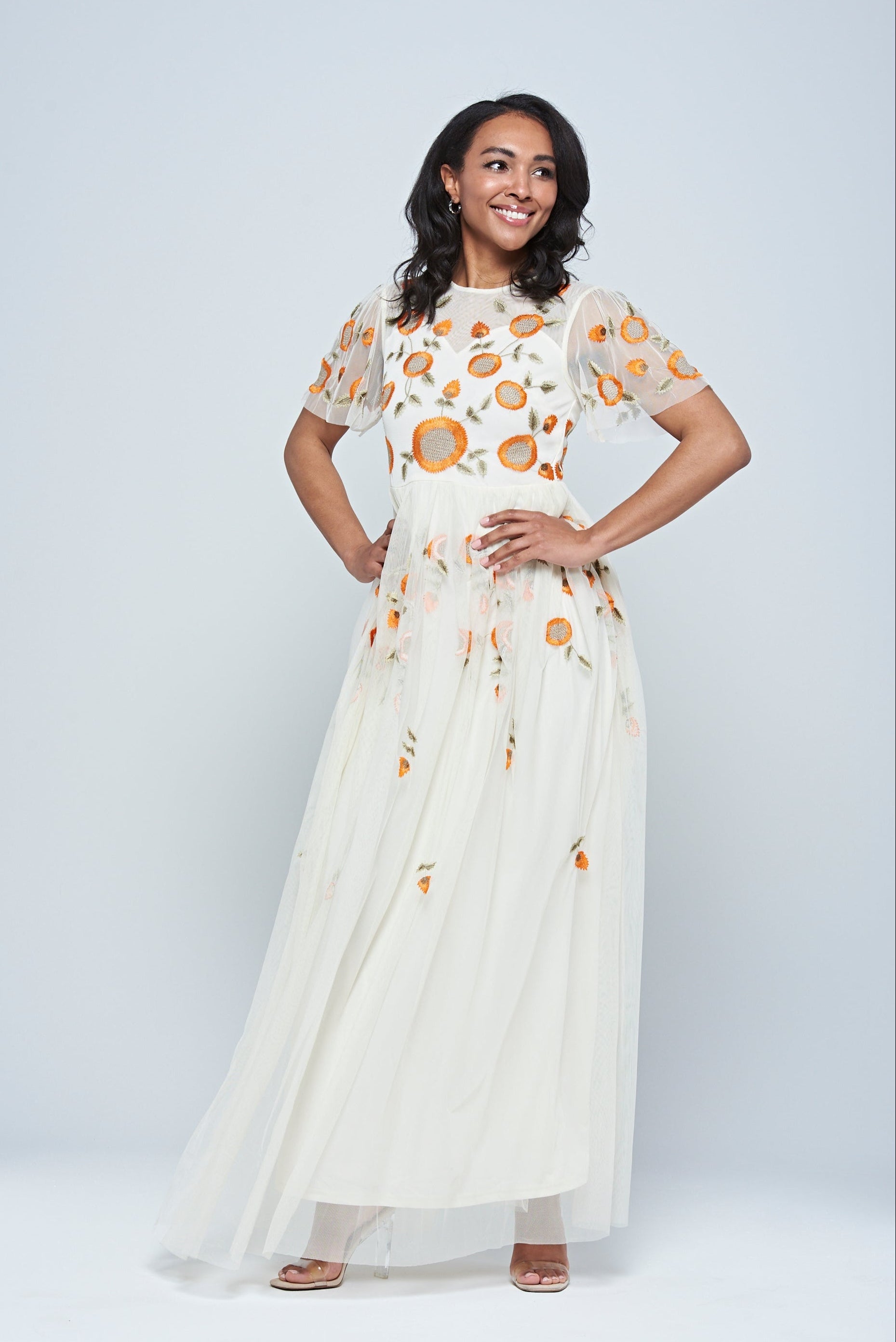 Saffron Cream Floral Embroidered Maxi Dress