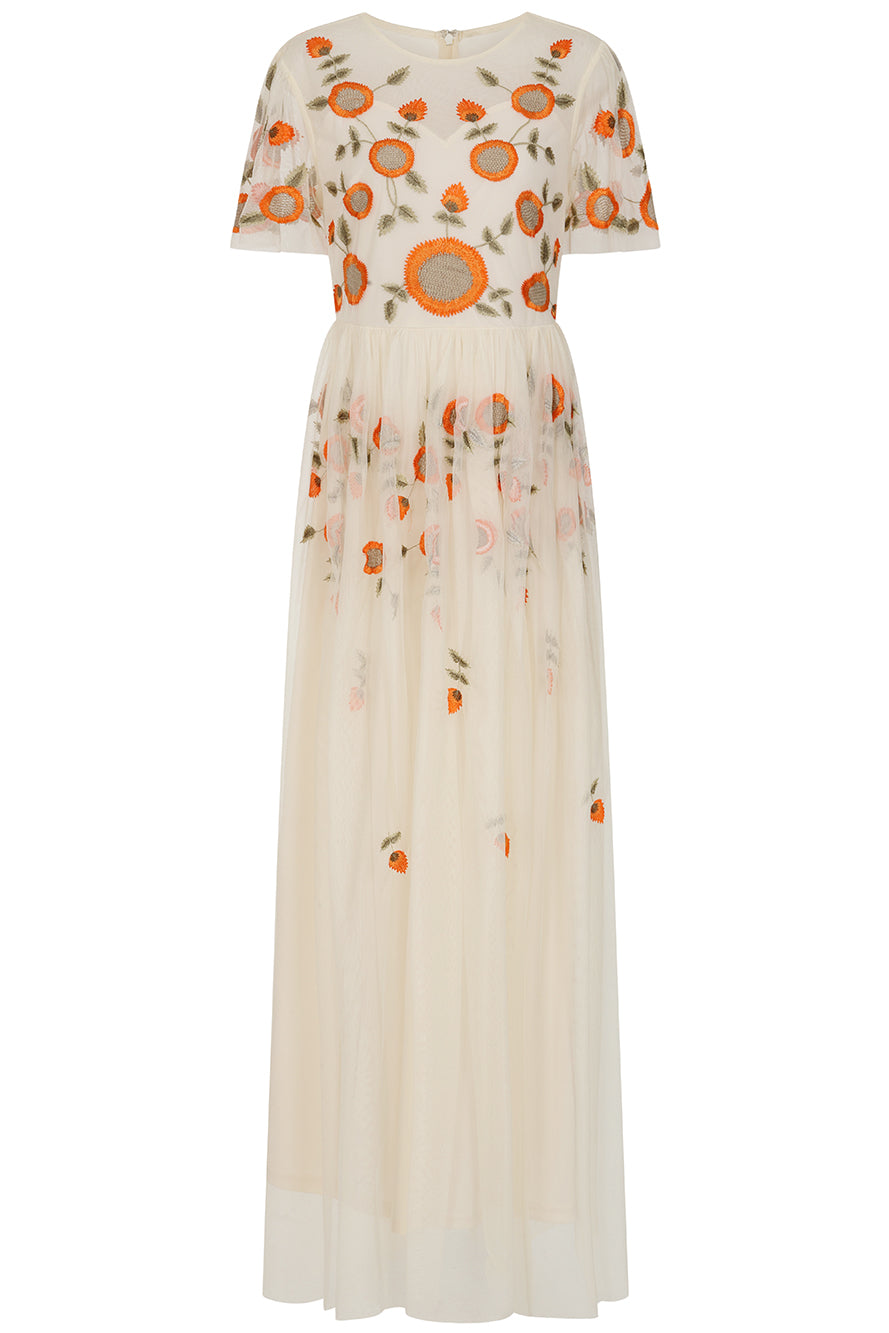 Saffron Cream Floral Embroidered Maxi Dress