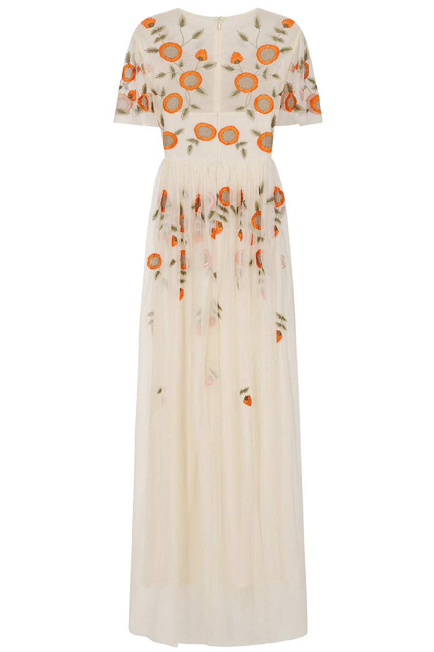 Saffron Cream Floral Embroidered Maxi Dress