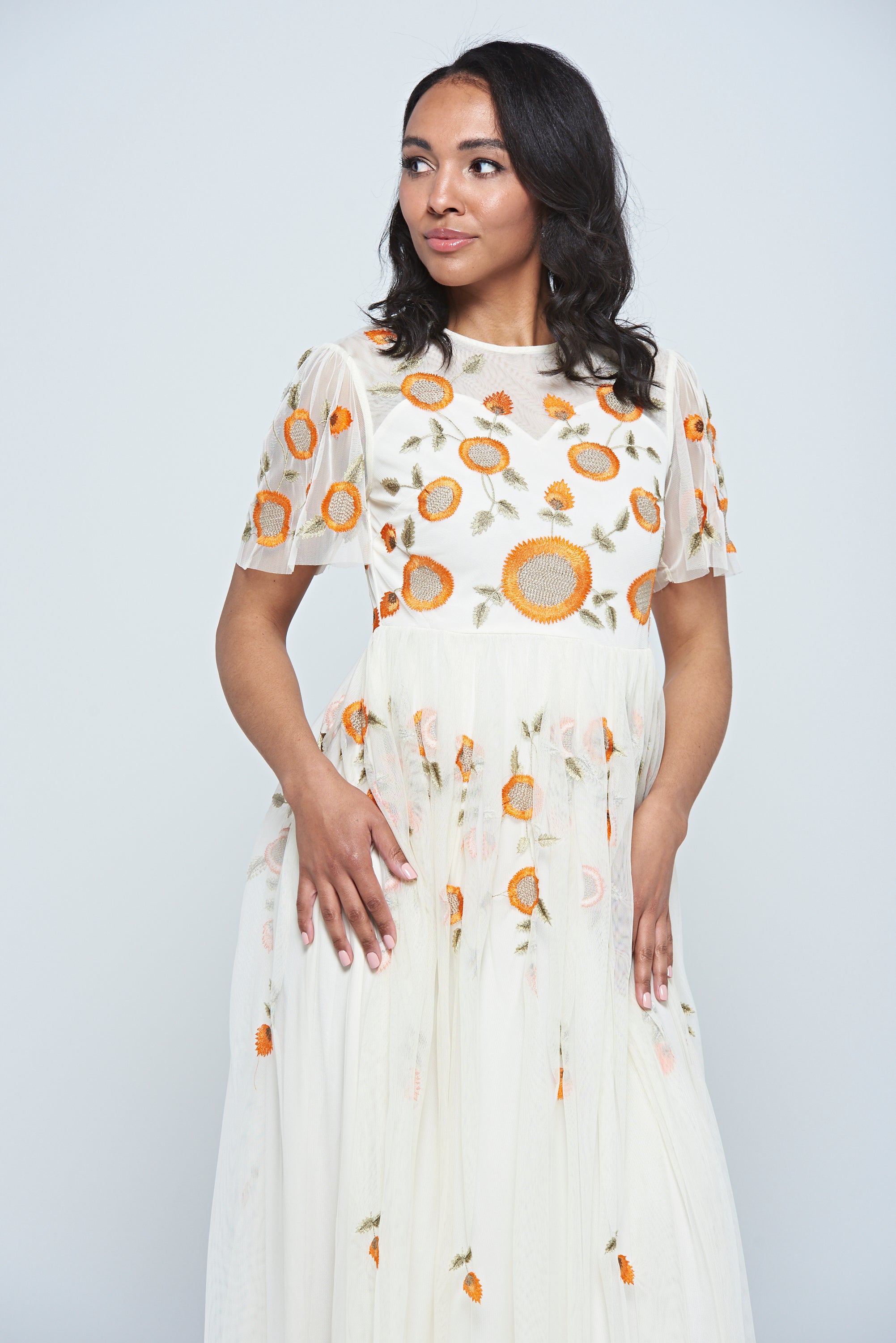 Saffron Cream Floral Embroidered Maxi Dress
