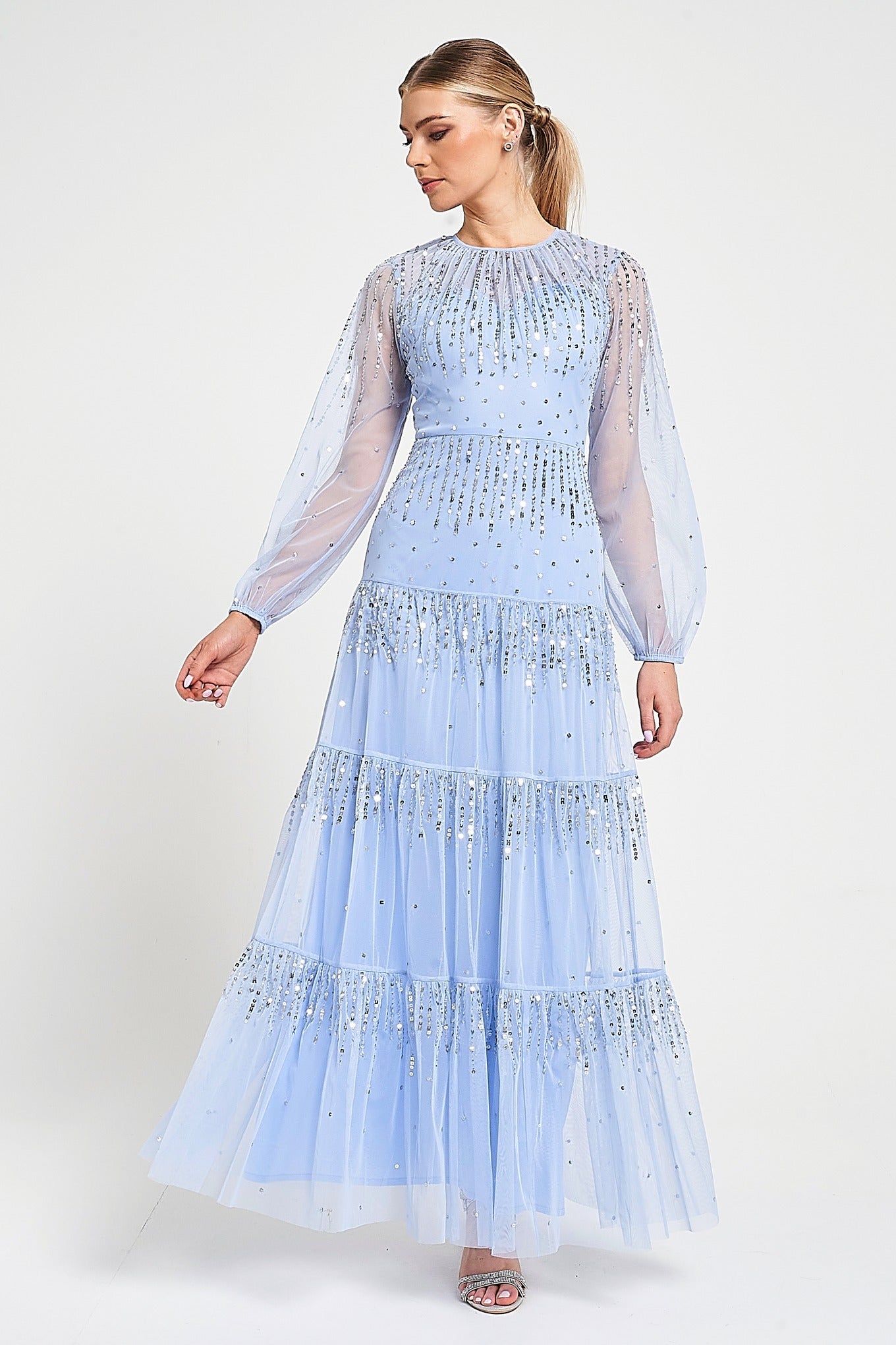 Sara Cosmic Sky Blue Sequin Maxi Dress – Frock and Frill