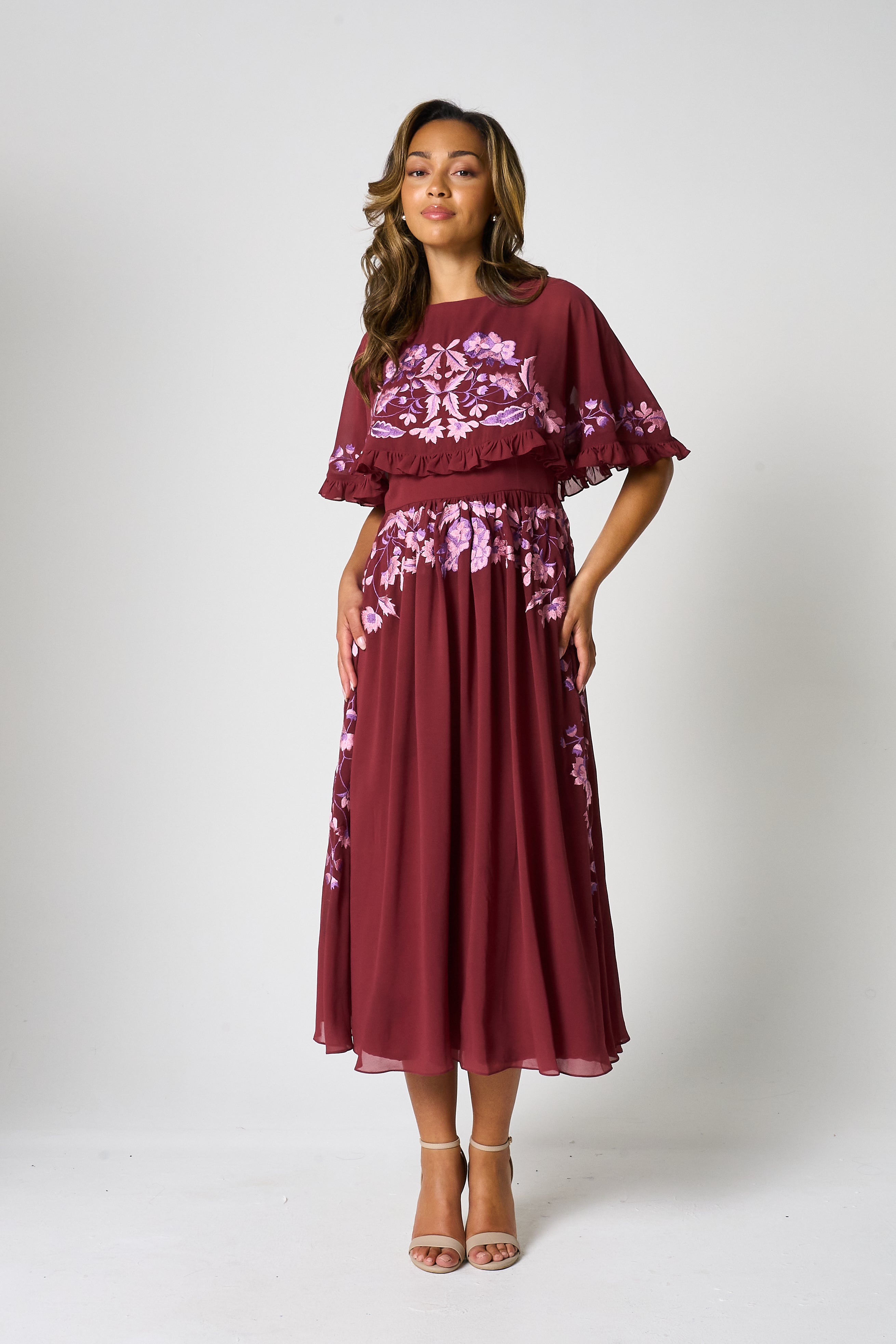 Scarlett Burgundy Embroidered Midi Dress with Cape Detail